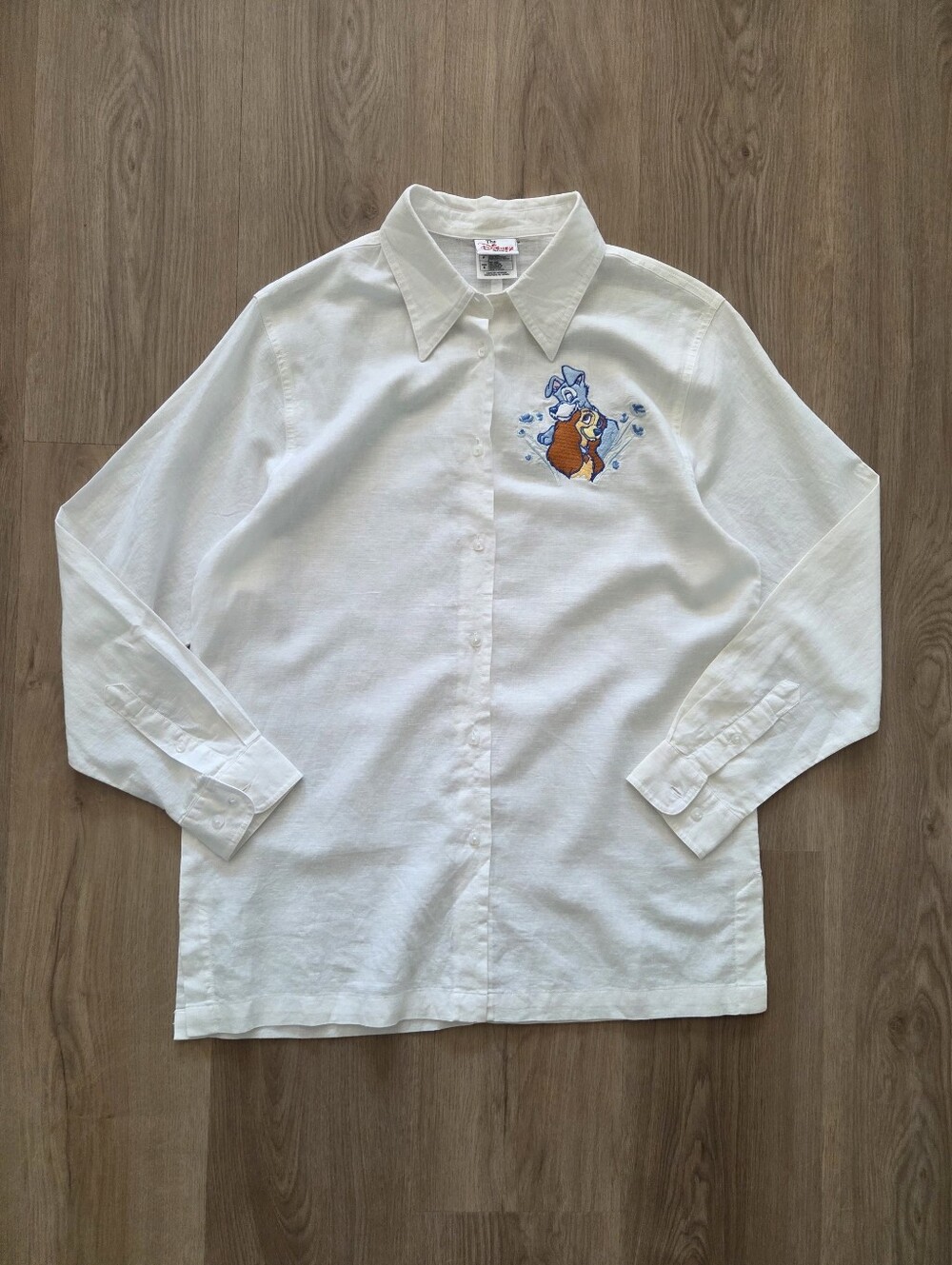 Vtg Disney Store Lady and the Tramp Embroidered Linen Button-Up Shirt S Cottage
